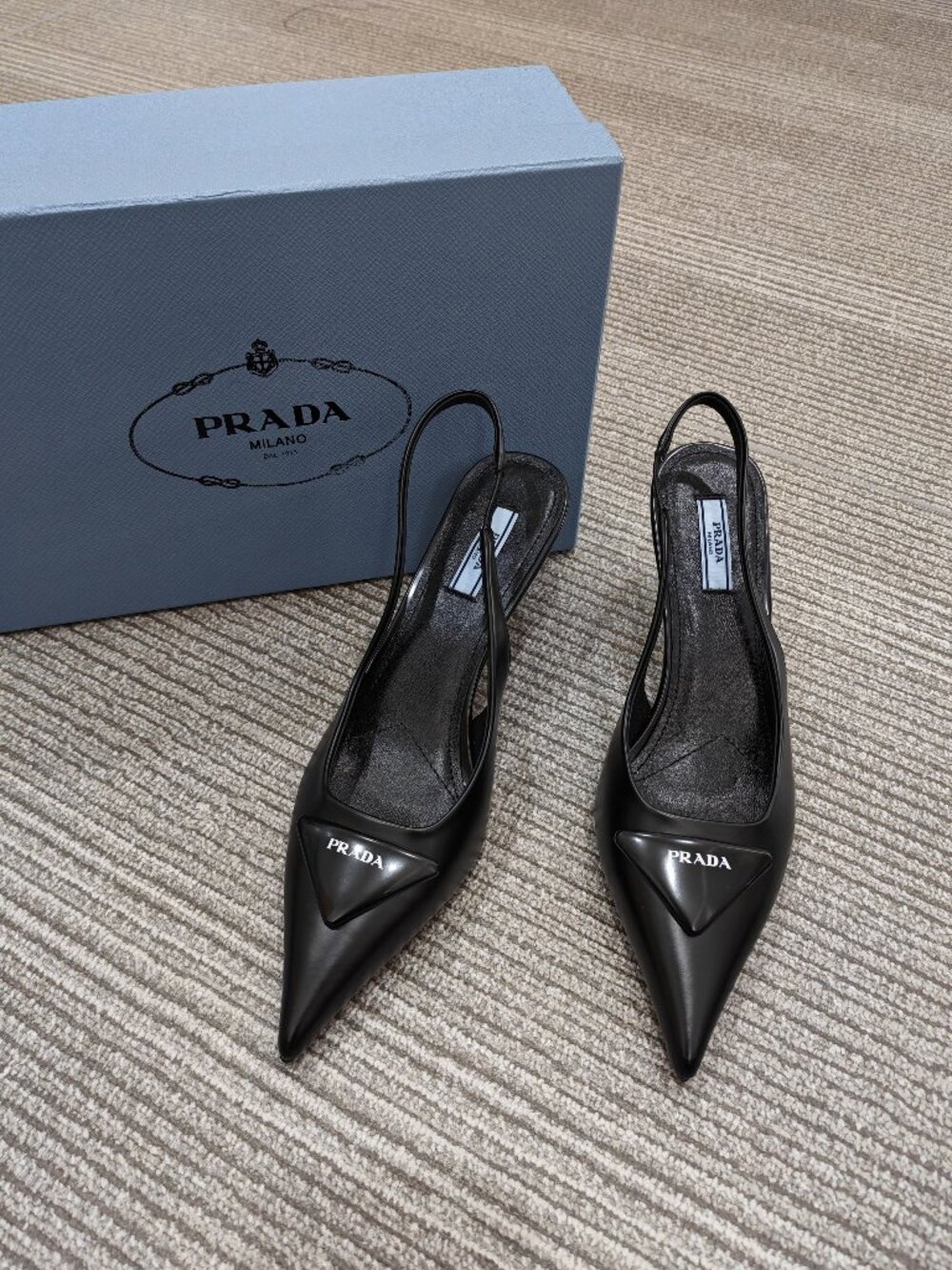 Prada Black Leather Pointed Toe Slingback Kitten Heels